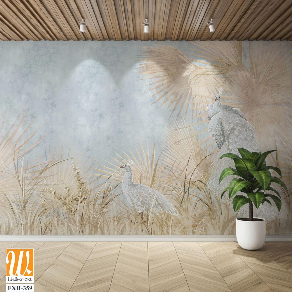 Graphic illustration of a peacocks and leaves. Design for interior project, wallpaper, photo wallpaper, mural, poster, home decor, card, packaging! [WP-FXH-359]