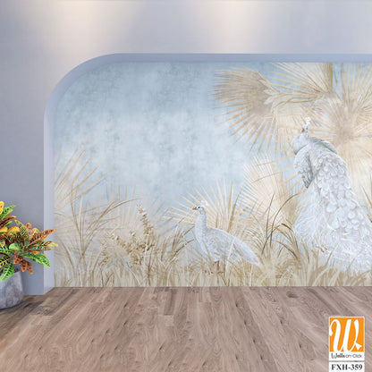 Graphic illustration of a peacocks and leaves. Design for interior project, wallpaper, photo wallpaper, mural, poster, home decor, card, packaging! [WP-FXH-359]