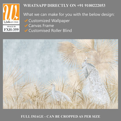 Graphic illustration of a peacocks and leaves. Design for interior project, wallpaper, photo wallpaper, mural, poster, home decor, card, packaging! [WP-FXH-359]