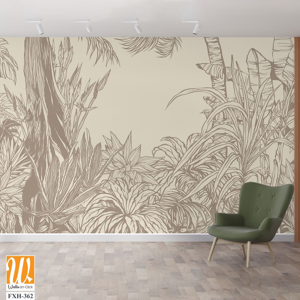 Contour drawn tropical plants and trees on a plain background in vintage style photo wallpaper [WP-FXH-362]