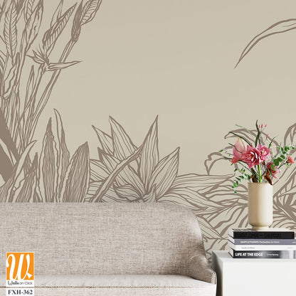 Contour drawn tropical plants and trees on a plain background in vintage style photo wallpaper [WP-FXH-362]