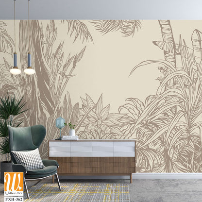 Contour drawn tropical plants and trees on a plain background in vintage style photo wallpaper [WP-FXH-362]