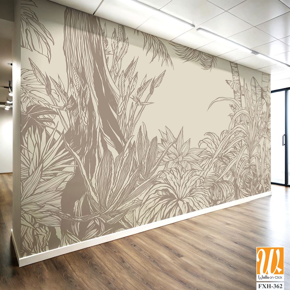 Contour drawn tropical plants and trees on a plain background in vintage style photo wallpaper [WP-FXH-362]