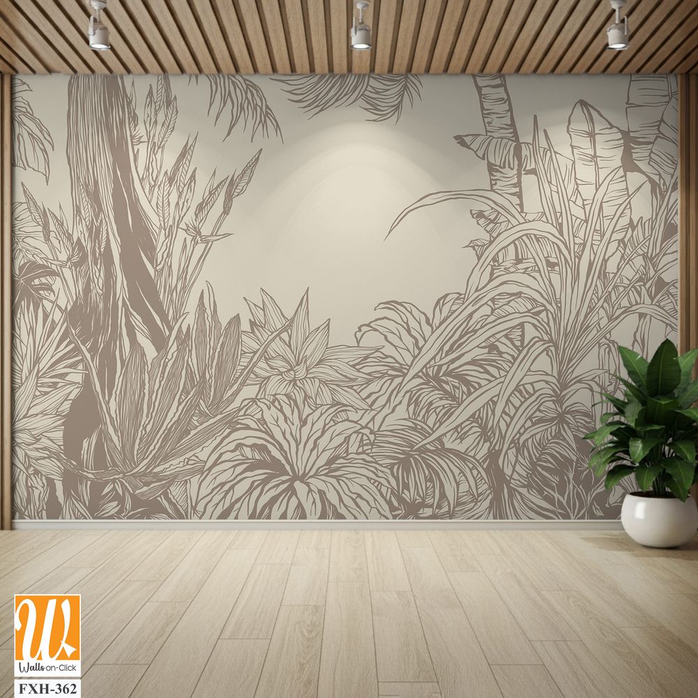 Contour drawn tropical plants and trees on a plain background in vintage style photo wallpaper [WP-FXH-362]