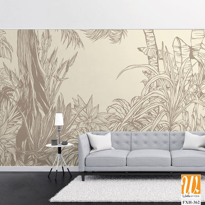 Contour drawn tropical plants and trees on a plain background in vintage style photo wallpaper [WP-FXH-362]