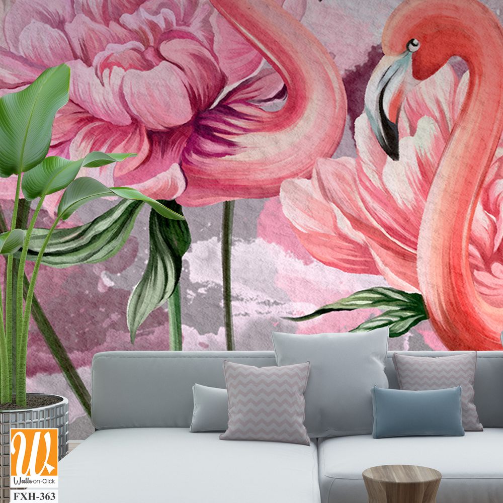 Art painted flamingo peonies with watercolor stains on textured watercolor background photo wallpaper [WP-FXH-363]