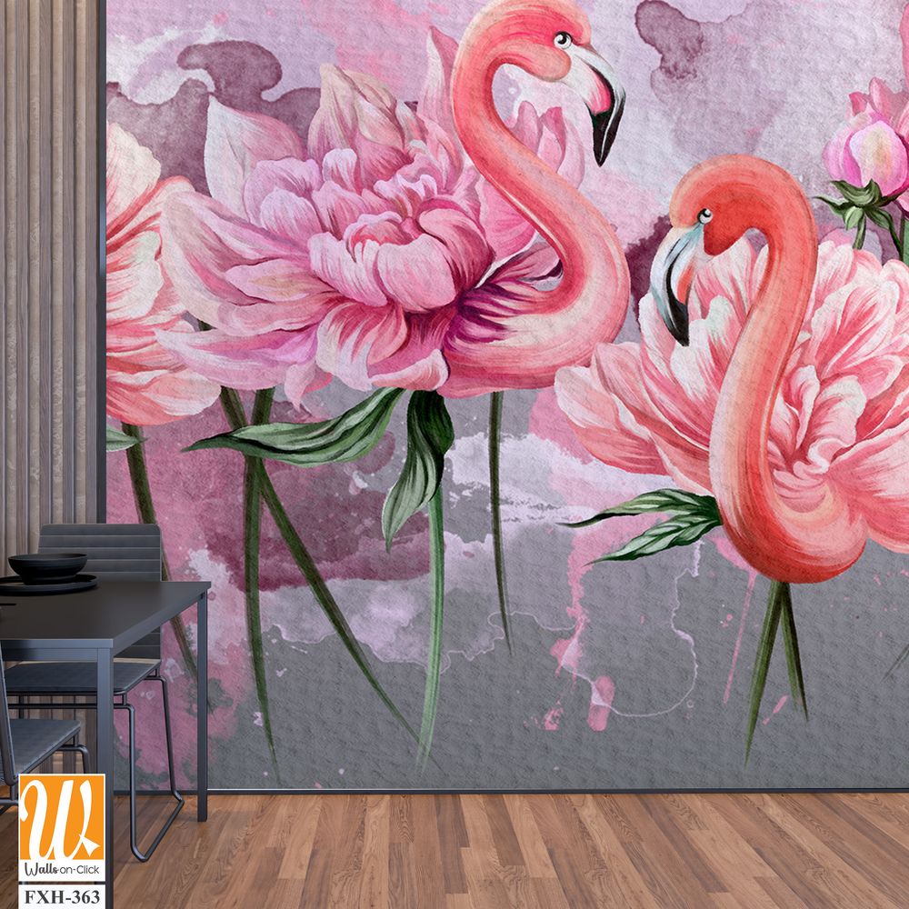 Art painted flamingo peonies with watercolor stains on textured watercolor background photo wallpaper [WP-FXH-363]