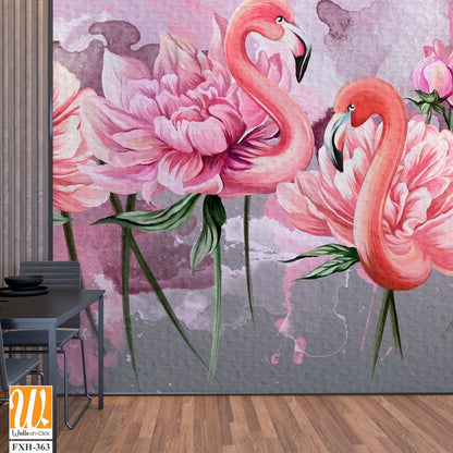 Art painted flamingo peonies with watercolor stains on textured watercolor background photo wallpaper [WP-FXH-363]