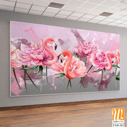 Art painted flamingo peonies with watercolor stains on textured watercolor background photo wallpaper [WP-FXH-363]