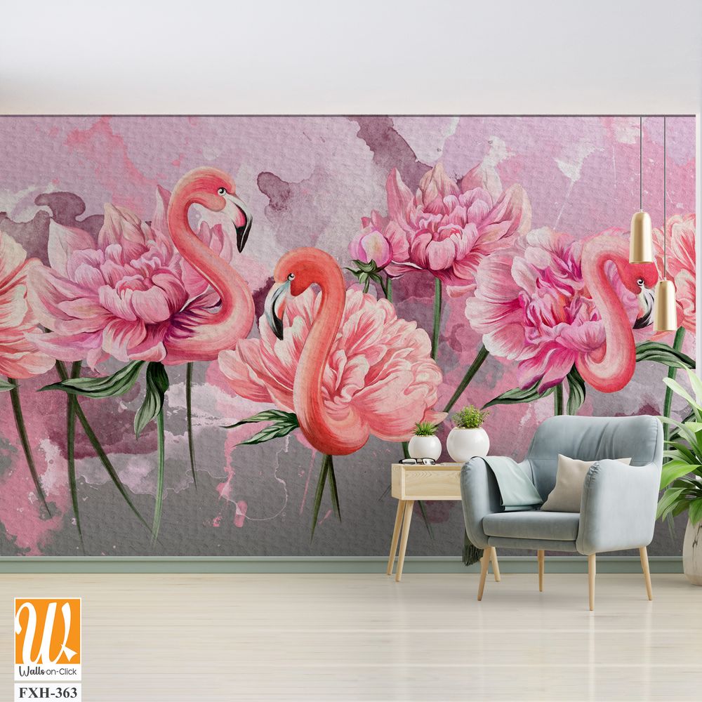 Art painted flamingo peonies with watercolor stains on textured watercolor background photo wallpaper [WP-FXH-363]