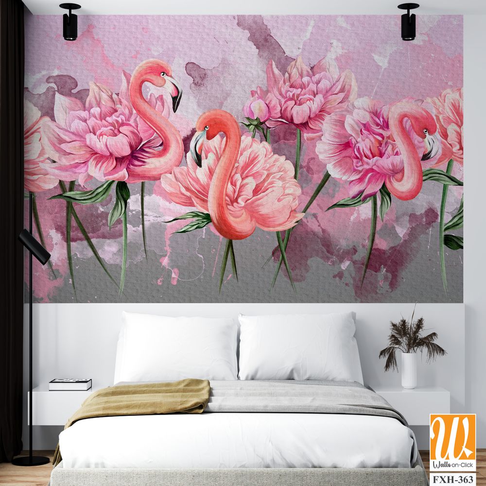 Art painted flamingo peonies with watercolor stains on textured watercolor background photo wallpaper [WP-FXH-363]