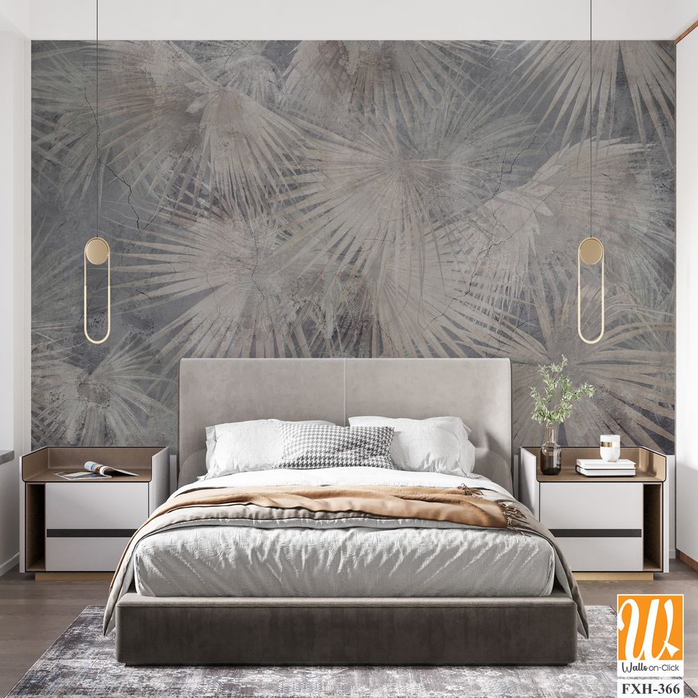 Drawn exotic tropical leaves on concrete grunge wall. Floral background. Design for wallpaper, photo wallpaper, mural, card, postcard. [WP-FXH-366]