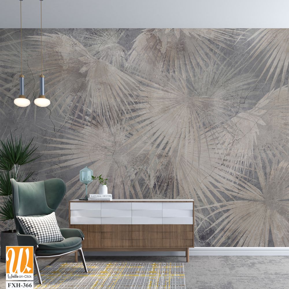 Drawn exotic tropical leaves on concrete grunge wall. Floral background. Design for wallpaper, photo wallpaper, mural, card, postcard. [WP-FXH-366]