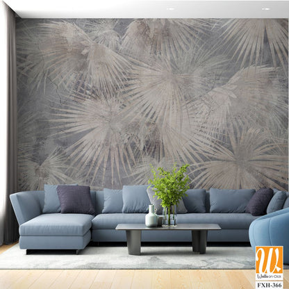 Drawn exotic tropical leaves on concrete grunge wall. Floral background. Design for wallpaper, photo wallpaper, mural, card, postcard. [WP-FXH-366]