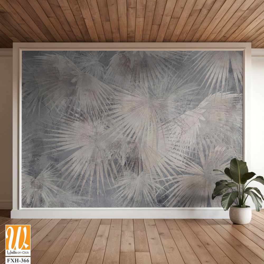 Drawn exotic tropical leaves on concrete grunge wall. Floral background. Design for wallpaper, photo wallpaper, mural, card, postcard. [WP-FXH-366]