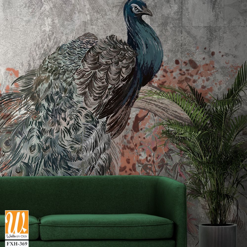 Art painted peacock sitting on a branch among texture background photo wallpaper [WP-FXH-369]