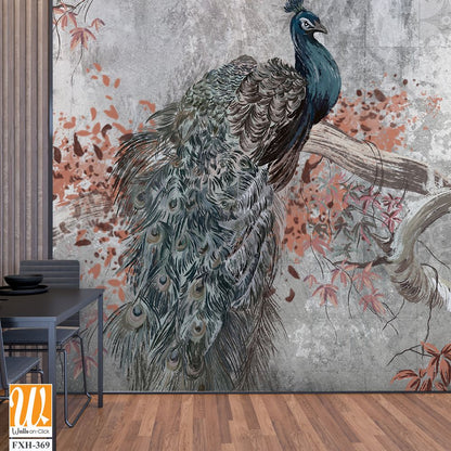 Art painted peacock sitting on a branch among texture background photo wallpaper [WP-FXH-369]