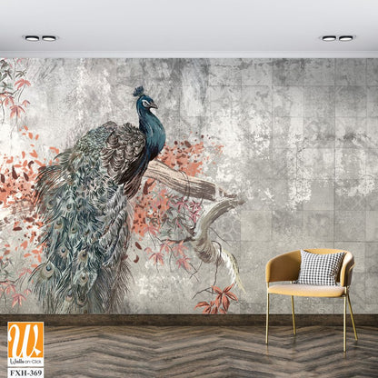 Art painted peacock sitting on a branch among texture background photo wallpaper [WP-FXH-369]