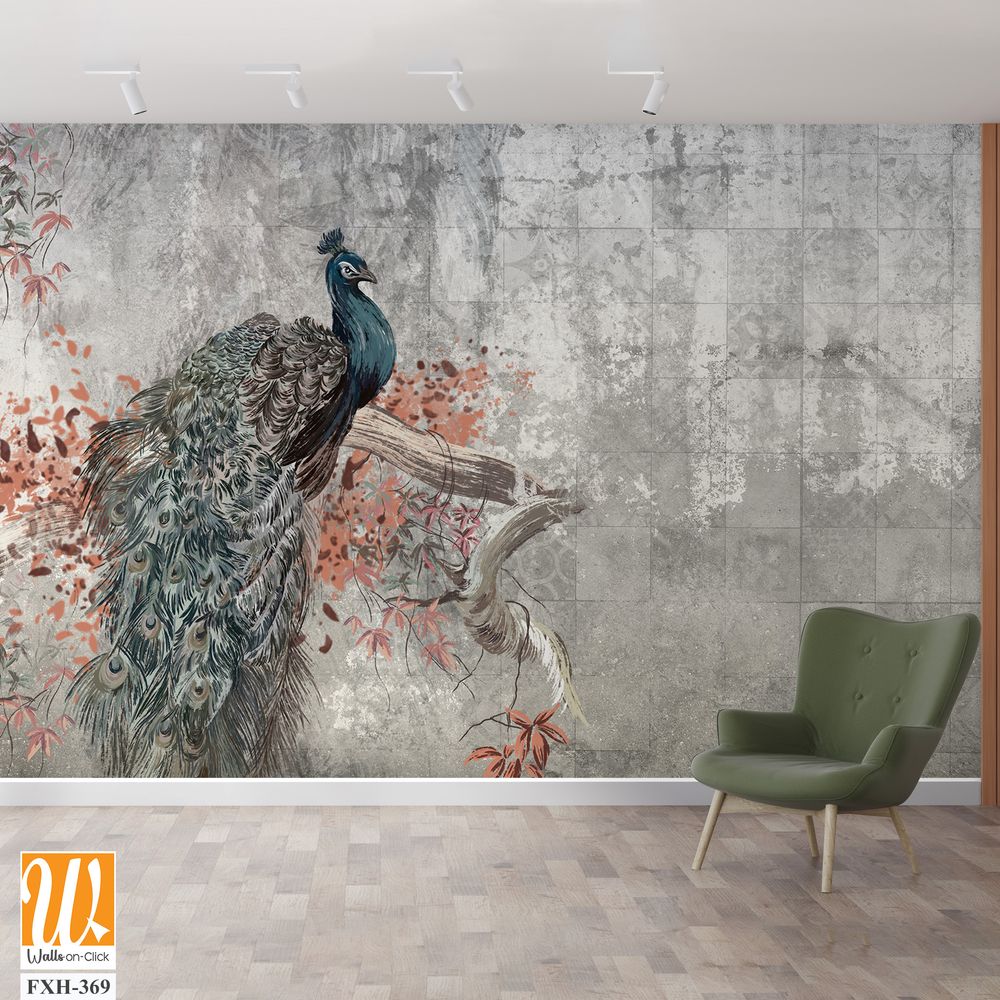 Art painted peacock sitting on a branch among texture background photo wallpaper [WP-FXH-369]