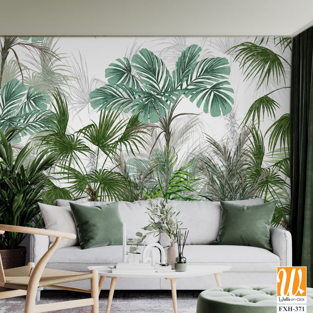 Art drawn tropical plants trees leaves white background photo wallpaper [WP-FXH-371]