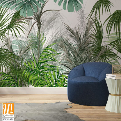 Art drawn tropical plants trees leaves white background photo wallpaper [WP-FXH-371]