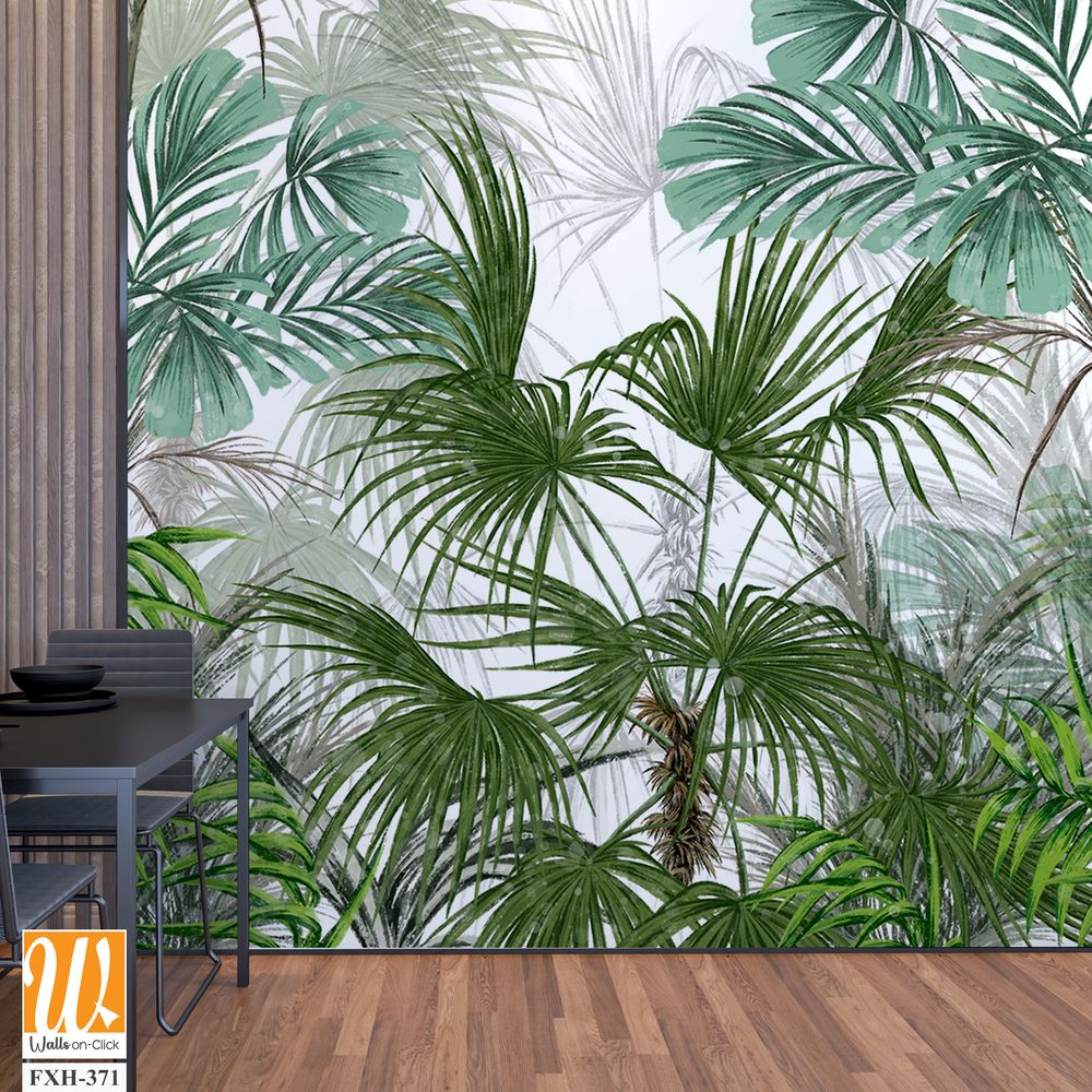 Art drawn tropical plants trees leaves white background photo wallpaper [WP-FXH-371]