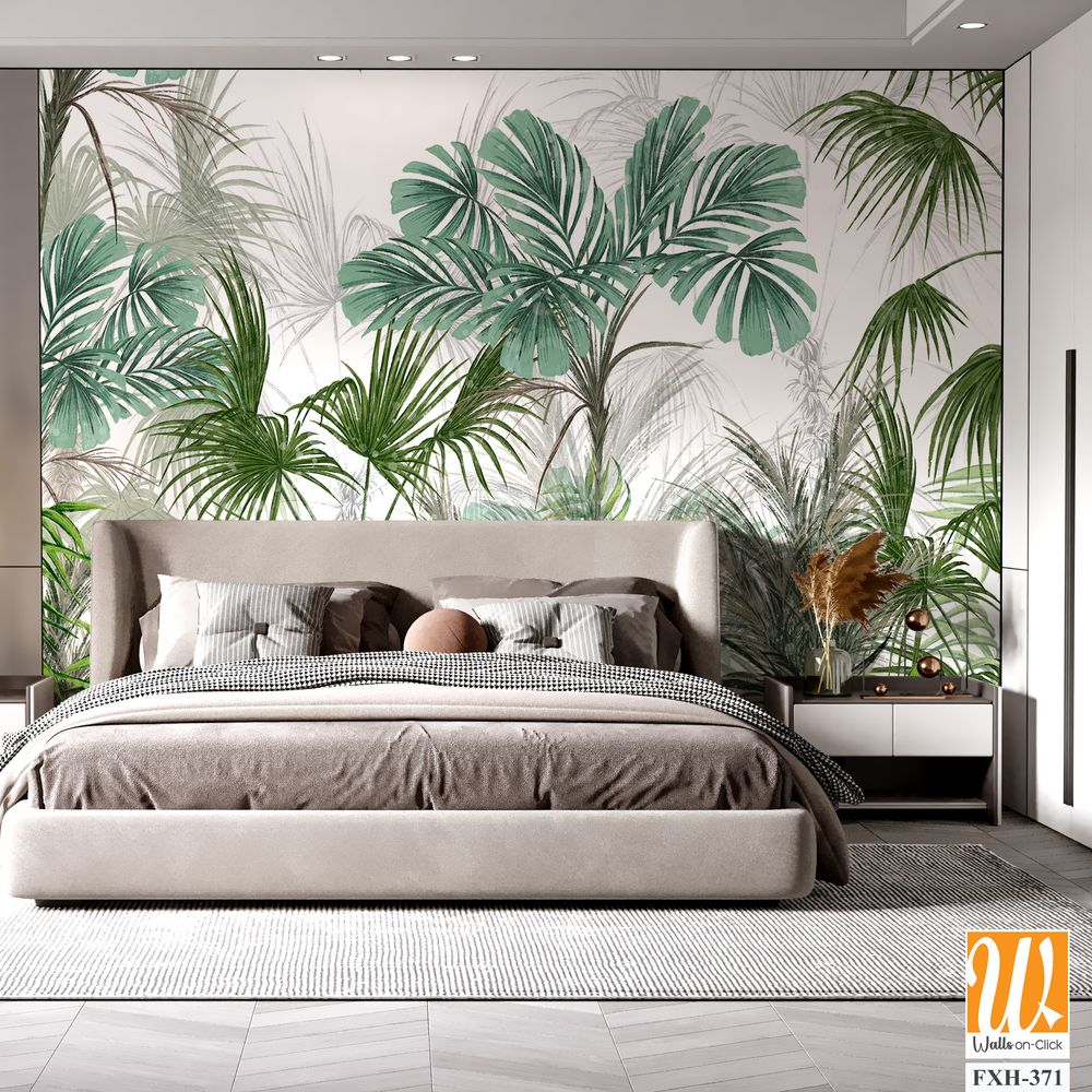 Art drawn tropical plants trees leaves white background photo wallpaper [WP-FXH-371]