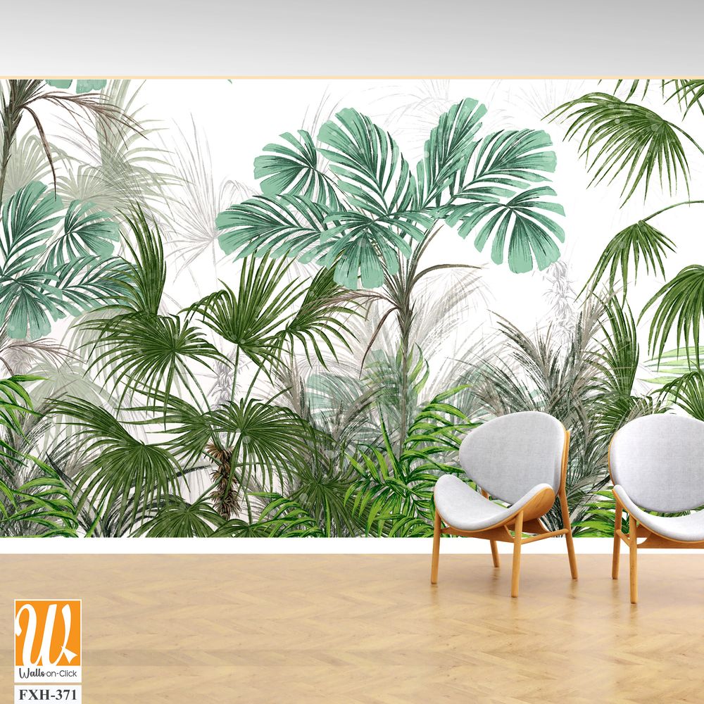 Art drawn tropical plants trees leaves white background photo wallpaper [WP-FXH-371]