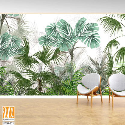 Art drawn tropical plants trees leaves white background photo wallpaper [WP-FXH-371]