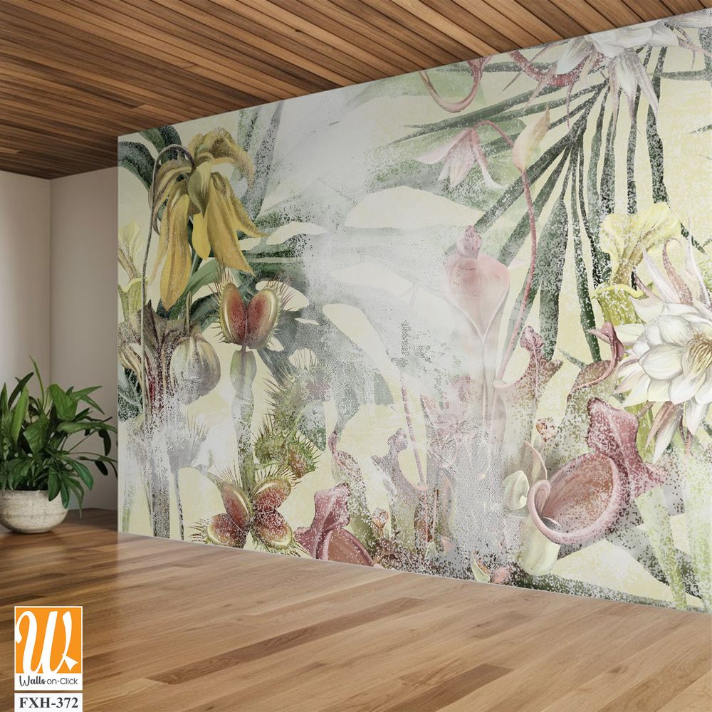 Flowers leaves tropical plants on a textured background photo wallpaper [WP-FXH-372]