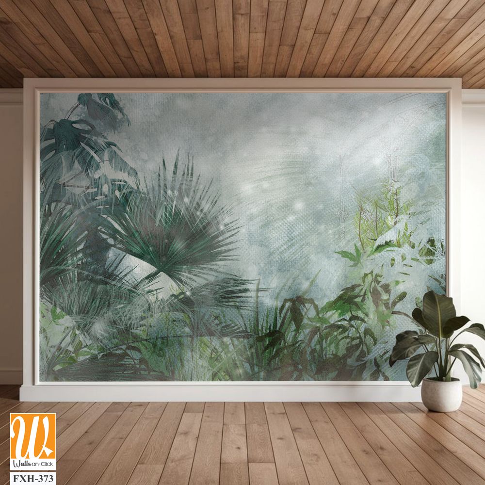 Tropical plants on a textural background in dark colors art drawing photo wallpaper in the interior [WP-FXH-373]