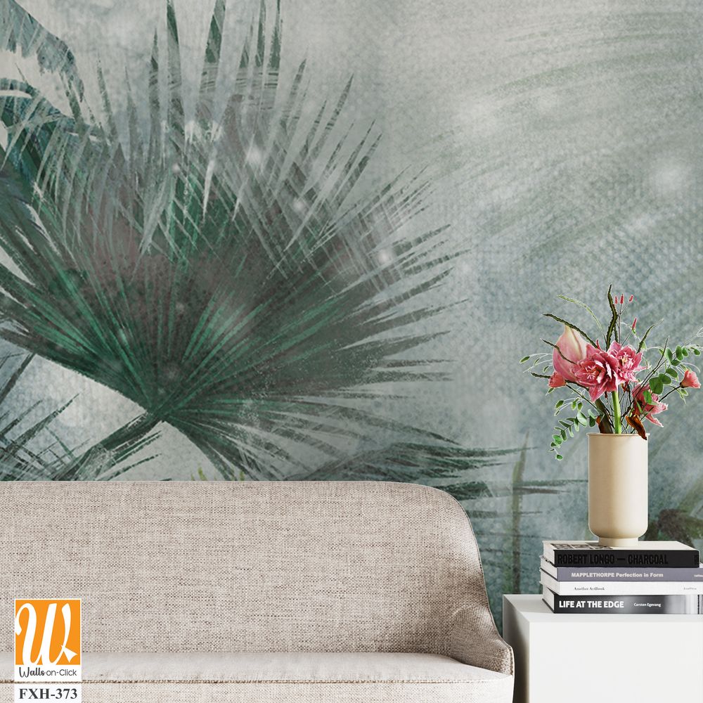 Tropical plants on a textural background in dark colors art drawing photo wallpaper in the interior [WP-FXH-373]