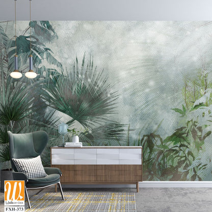 Tropical plants on a textural background in dark colors art drawing photo wallpaper in the interior [WP-FXH-373]