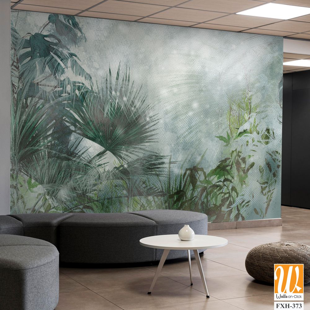 Tropical plants on a textural background in dark colors art drawing photo wallpaper in the interior [WP-FXH-373]