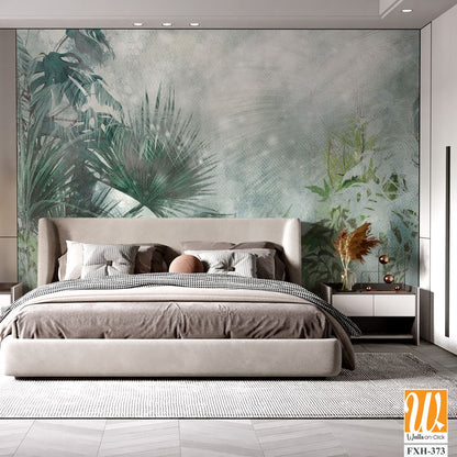 Tropical plants on a textural background in dark colors art drawing photo wallpaper in the interior [WP-FXH-373]