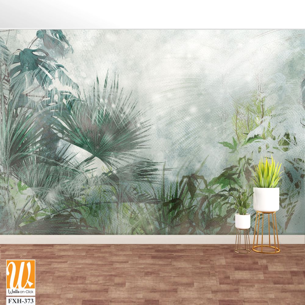 Tropical plants on a textural background in dark colors art drawing photo wallpaper in the interior [WP-FXH-373]