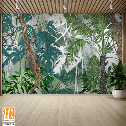 Art drawing of topical plants tree leaves lianas in pastel style photo wallpaper in the interior [WP-FXH-374]