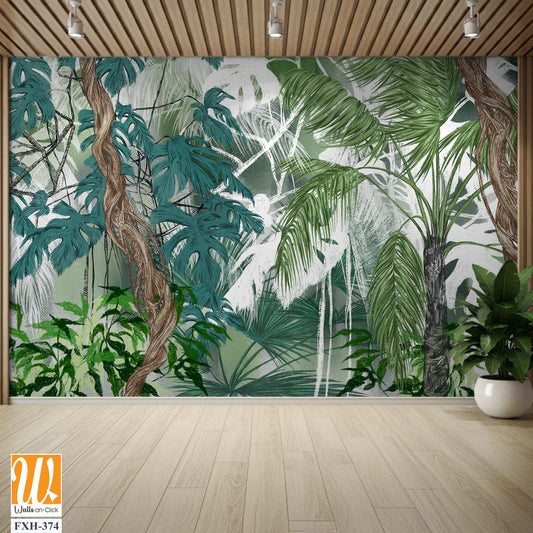 Art drawing of topical plants tree leaves lianas in pastel style photo wallpaper in the interior [WP-FXH-374]