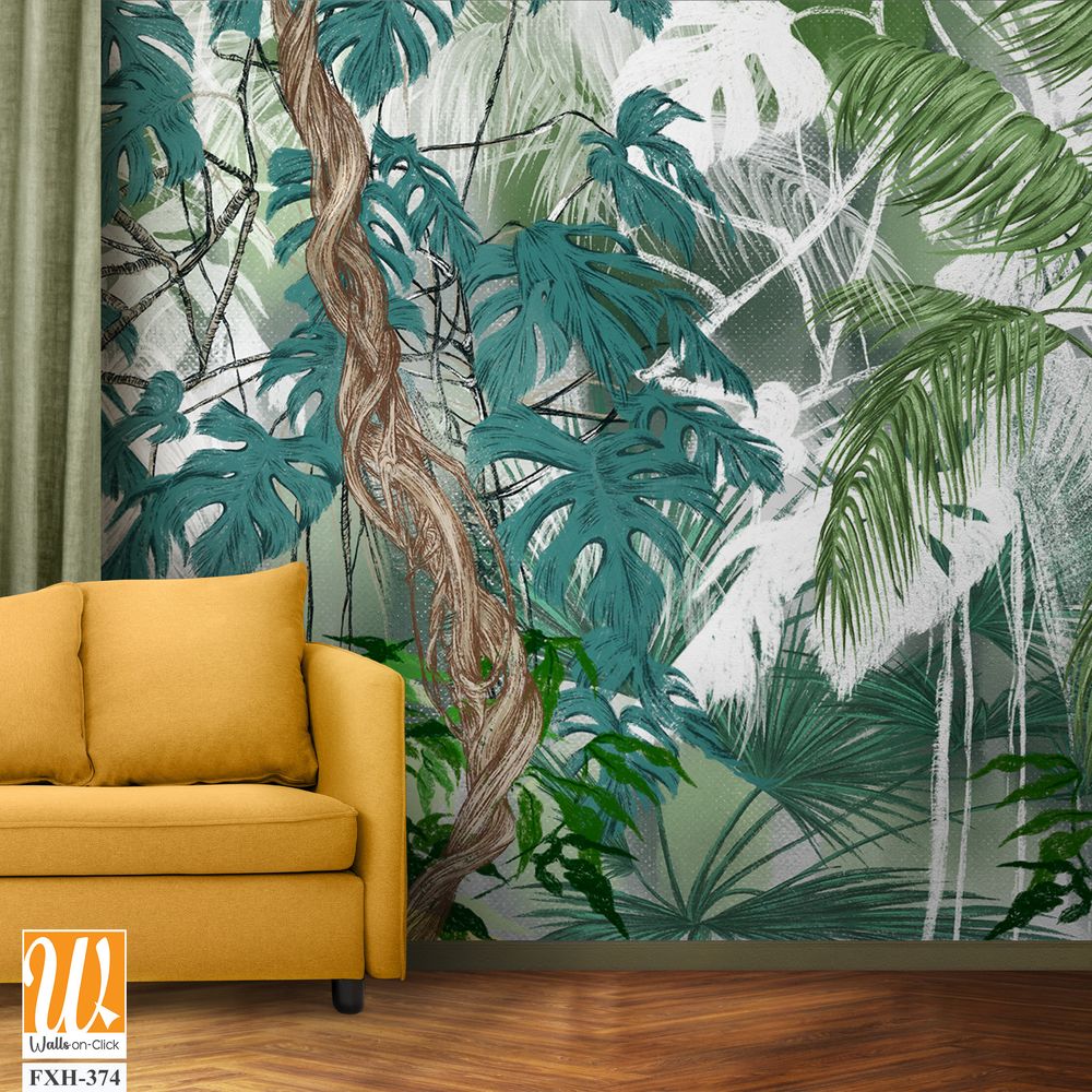 Art drawing of topical plants tree leaves lianas in pastel style photo wallpaper in the interior [WP-FXH-374]