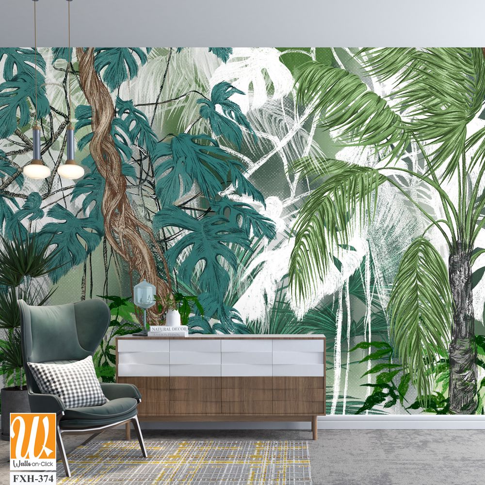 Art drawing of topical plants tree leaves lianas in pastel style photo wallpaper in the interior [WP-FXH-374]