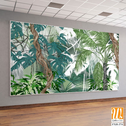 Art drawing of topical plants tree leaves lianas in pastel style photo wallpaper in the interior [WP-FXH-374]