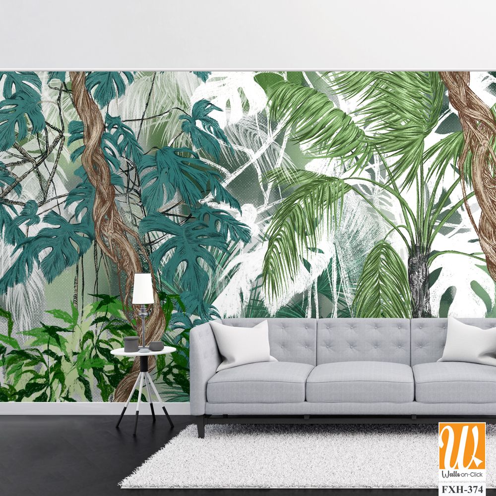 Art drawing of topical plants tree leaves lianas in pastel style photo wallpaper in the interior [WP-FXH-374]