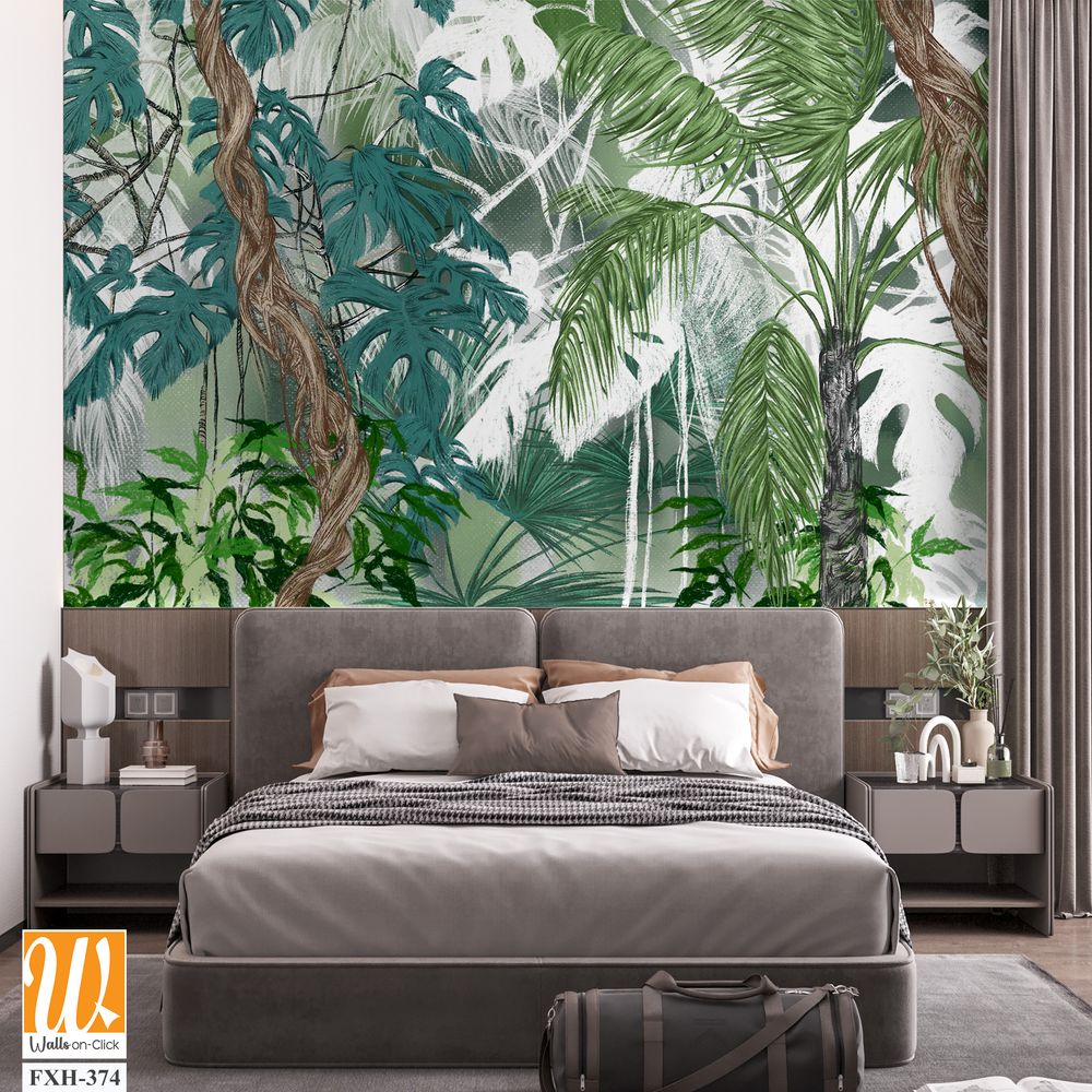 Art drawing of topical plants tree leaves lianas in pastel style photo wallpaper in the interior [WP-FXH-374]