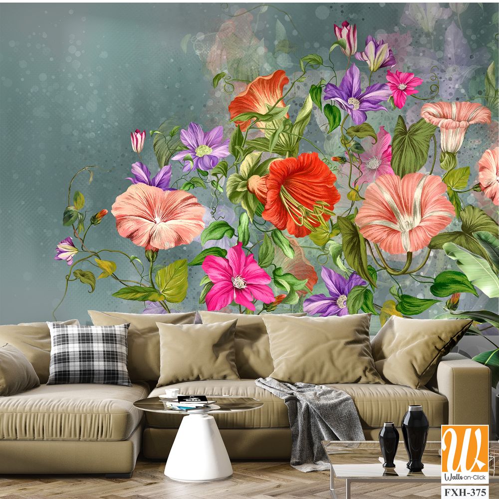 Art painted flowers on a textured background with yellow blots photo wallpaper [WP-FXH-375]