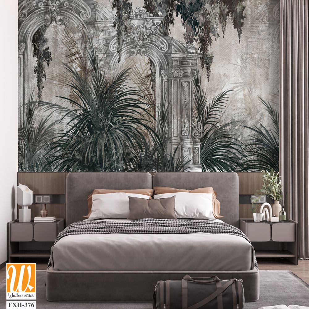 Columns in the tropics on a textured background in a watercolor style photo wallpaper in the interior [WP-FXH-376]