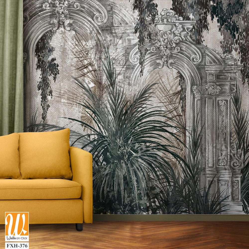 Columns in the tropics on a textured background in a watercolor style photo wallpaper in the interior [WP-FXH-376]