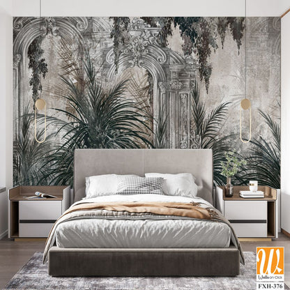 Columns in the tropics on a textured background in a watercolor style photo wallpaper in the interior [WP-FXH-376]