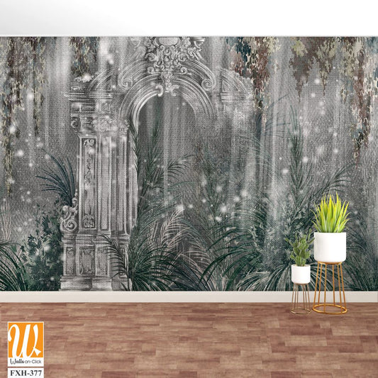 Architectural columns in the tropics on a textural background of dark color with shine photo wallpaper in the interior [WP-FXH-377]