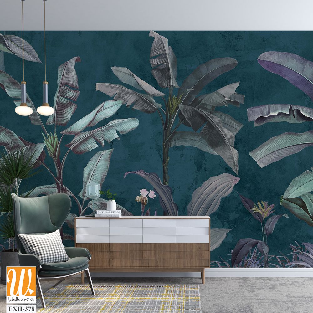 Dark background wallpaper design, topical, banana leaf, navy blue, mural art, living room wallpaper, monochrome. [WP-FXH-378]