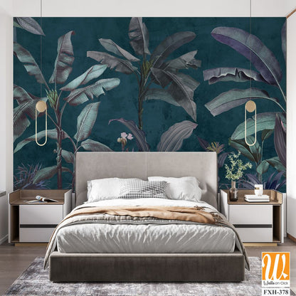 Dark background wallpaper design, topical, banana leaf, navy blue, mural art, living room wallpaper, monochrome. [WP-FXH-378]